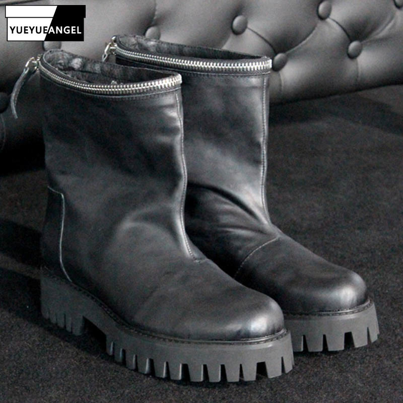 

Winter Fake Zipper Thick Bottom Black Boots Men Russian Style Round Toe Slip On Botas Top Genuine Leather Cowboy Boots Plus Size