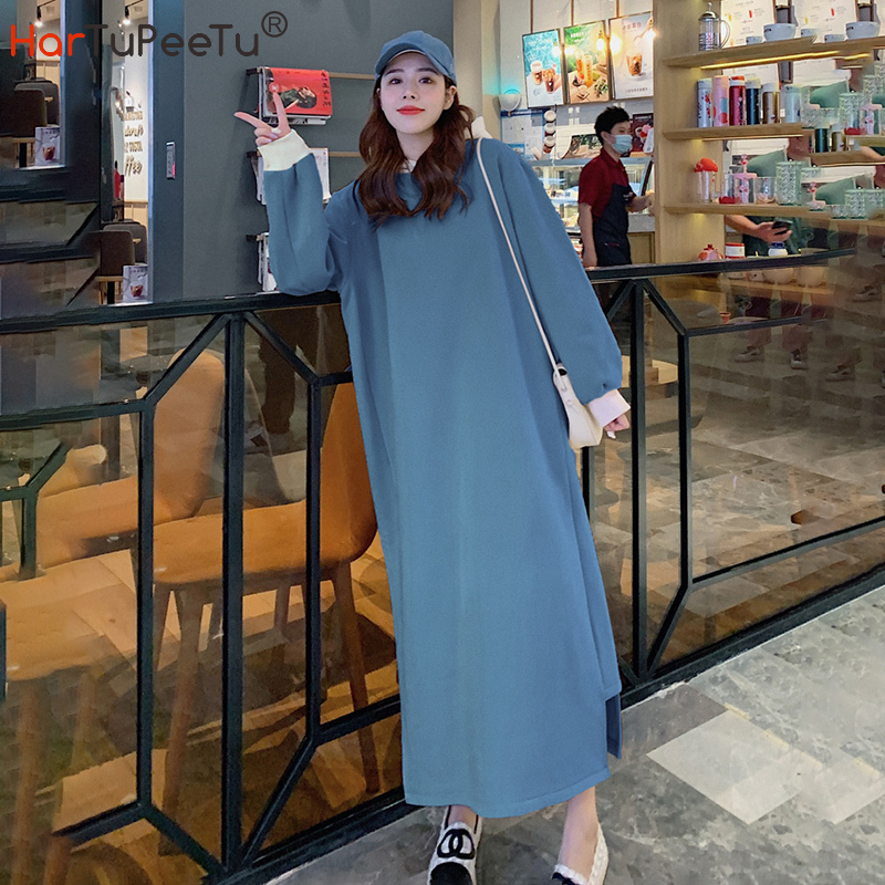 

Long Hoodie Dress Women Oversize Winter 2020 Sweatshirt Thick Warm Fleece Lining Girls Loose Casual Colours Block Hooded Outwear, Blue