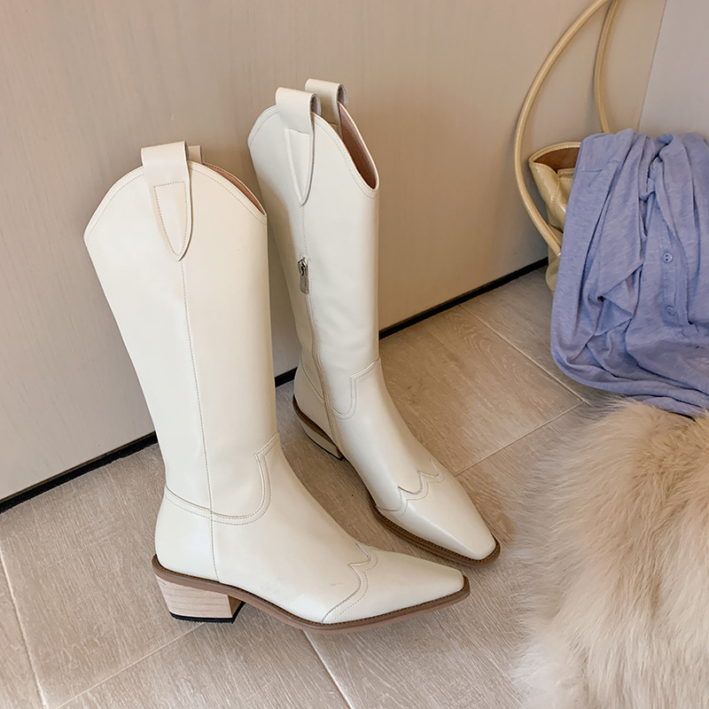 

Genuine Leather Shoes New Western Cowboy Boots Knight Boots Square Toe High 2020 Autumn and Winter, White