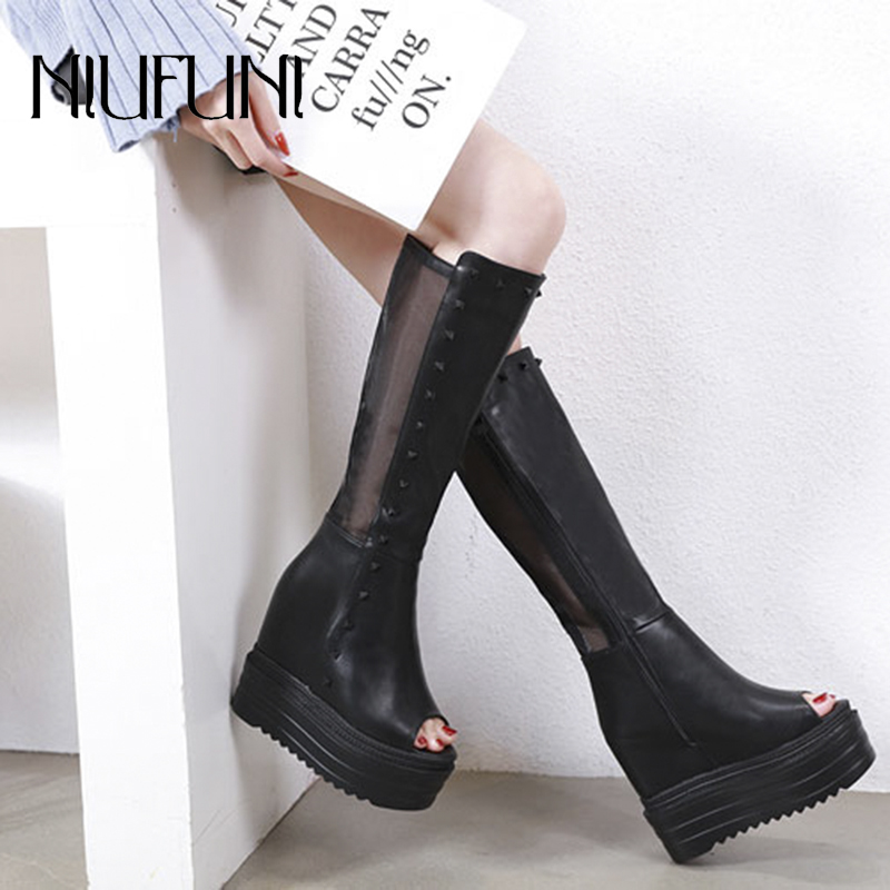 

Genuine Leather Peep Toe Mid Calf Women's Boots Sexy Solid Color Rivet Snow Boots Wedges High Heels Sleeve Nightclub Women Shoes, Black
