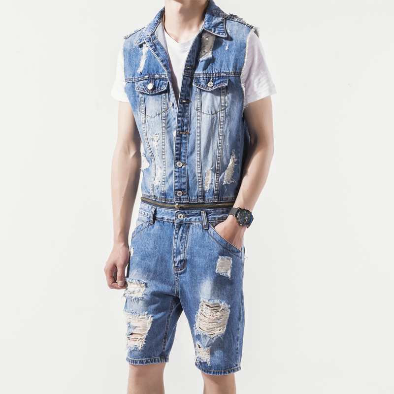 

Summer Men Denim Hole Ripped Overalls Sleeveless Short Jumpsuit Fashion Jeans Male Single Breasted Shorts One Piece Romper, Blue