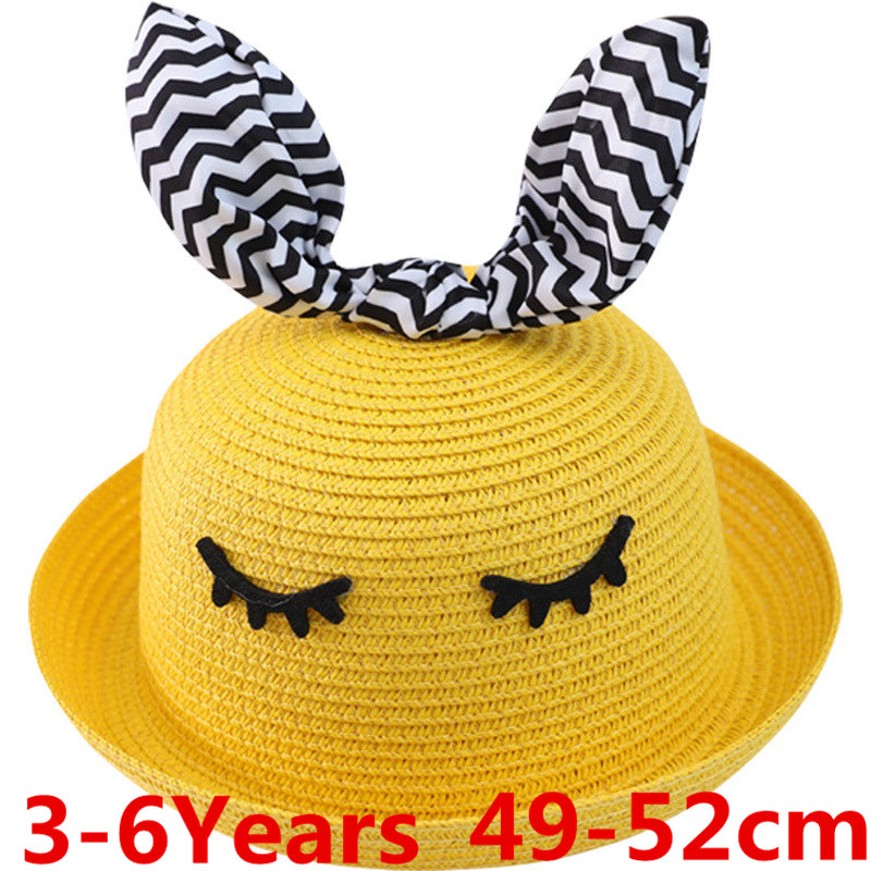 

3-6Years Children Straw Hat Cute Summer Ear Decoration Sun Hats for Kids Girls Boys Solid Floppy Beach Cap Panama, White