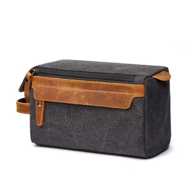 

Men Travel Toiletry Bag Canvas Leather Makeup Shaving Storage Pouch with Side Handle Grip -MX8, Black
