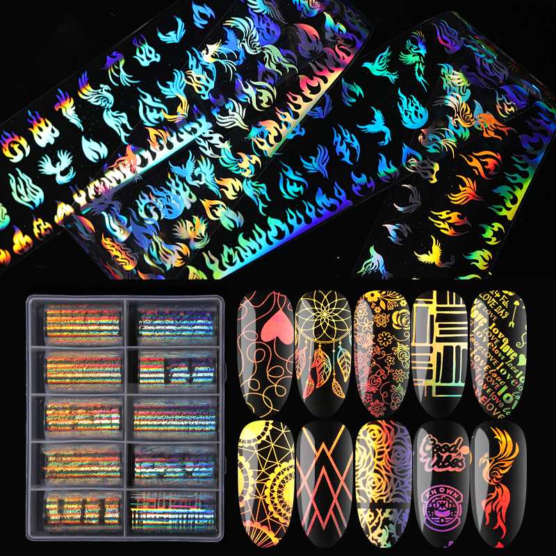 

10Pcs/Box 4*99cm Nail Foils Stickers Colorful Sparkling Foils Nail Art Transfer Laser Sticker Paper DIY Design