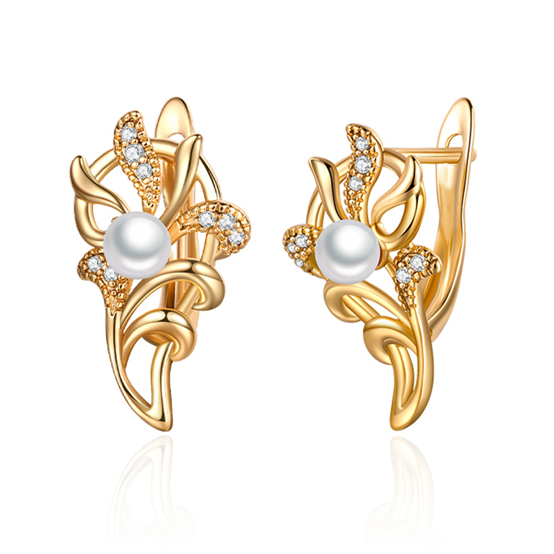 

New Fashion Flower Stud Earrings with Pearls Cubic Zirconia Geometric Gold CZ Earrings for Women Exquisite Jewelry Gifts