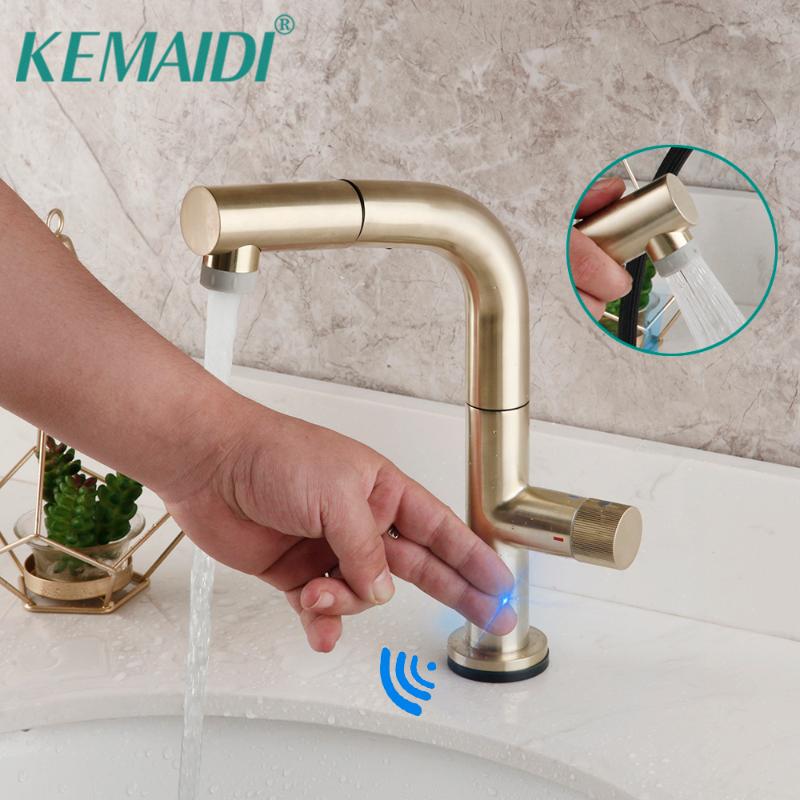 

KEMAIDI Brush Gold Touch Control Sensor Bathroom Faucets Singe Handle 360 Rotation Mixer Tap Smart Sensor Bathroom Mixer Faucet