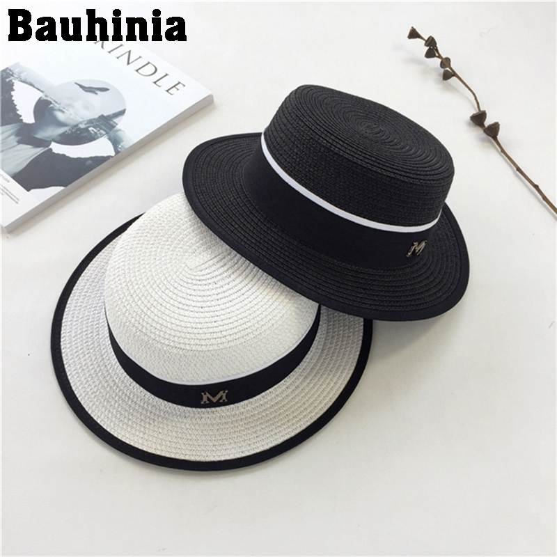 

Bauhinia fashion Summer Sun Ladies Beach Hats Flat straw hat female British flat hat, White