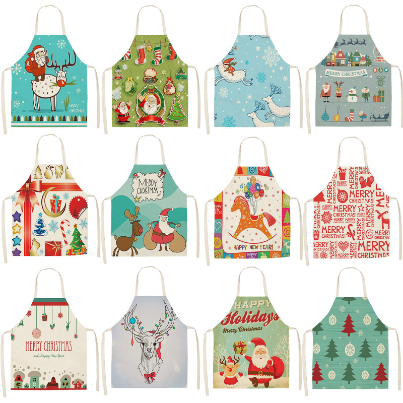 

1pcs Christmas Apron Deer Snowflake Pinafore Cotton Linen Aprons 53*65cm Woman Adult Bibs for Home Kitchen Cooking Baking CM1003