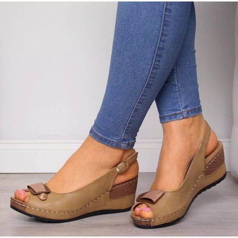 

My-Love Women Sandals Wedges Female Peep Toe Platform PU Leather Ankle Buckle Strap Ladies Summer Woman Shoes Plus Size, Khaki
