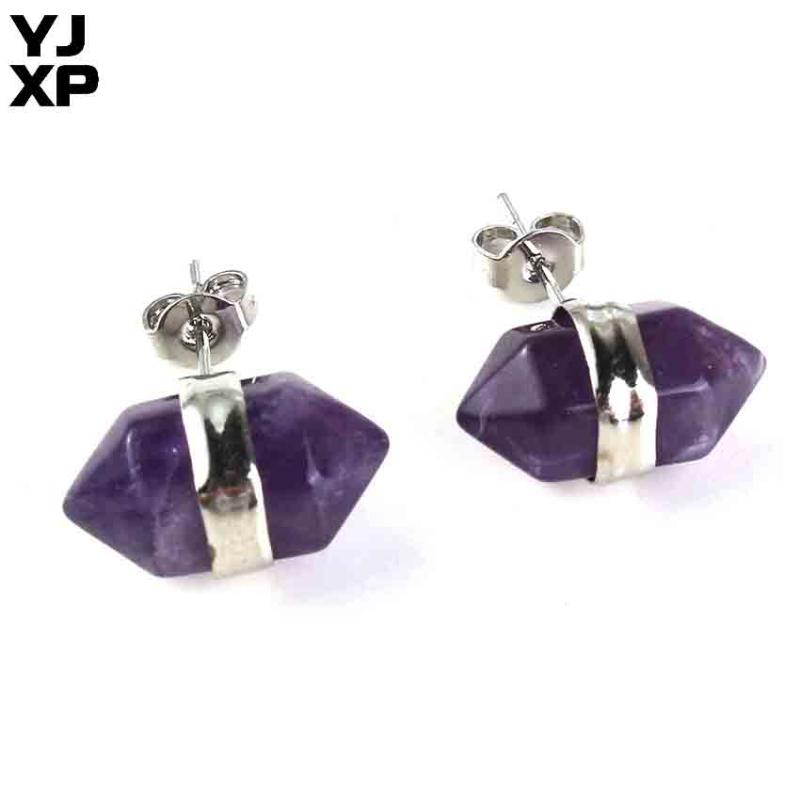 

YJXP Small Hexagonal Column Stud Earrings For Women Natural Purple Amethysts Stone Silver Plated Earrings Lucky Charms Jewelry