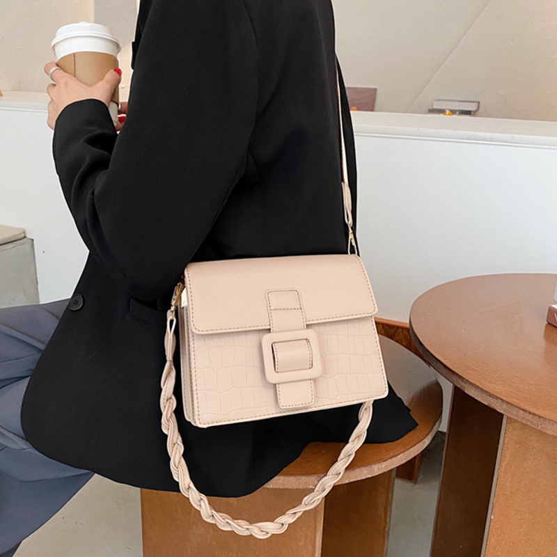 

Stone Pattern Small Square Crossbody Bags For Women Wide Strap Women Shoulder Bag Designer Lock Messenger Bags Women's Bag, Black