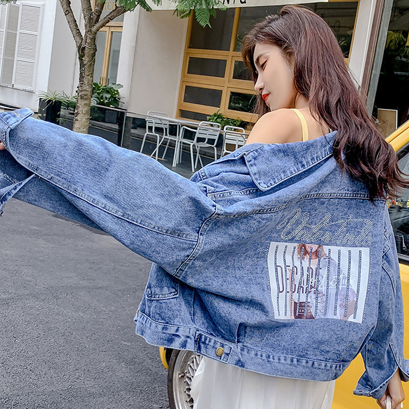

Women' Denim Jacket 2020 BF Harajuku Back Letter Printed Frayed Beading Jeans Jacket Loose Casual Coat Outwear Female, 101