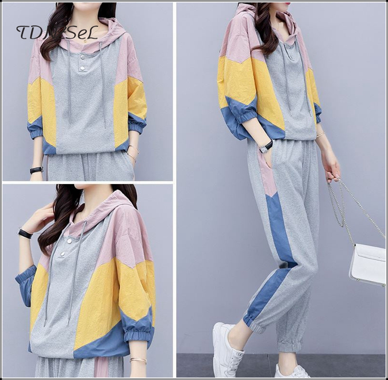 

Women Sport Traksuits Casual Gray Patchworks Hoodies Pants 2 Two Piece Sets Outfits Fitness Jogger Sets Running Sweatpants Suits