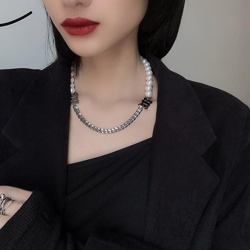 

Misbhv Pearl Letter Choker Necklace For Women Harajuku streetwear Chain Necklace Metal Collar, Silver