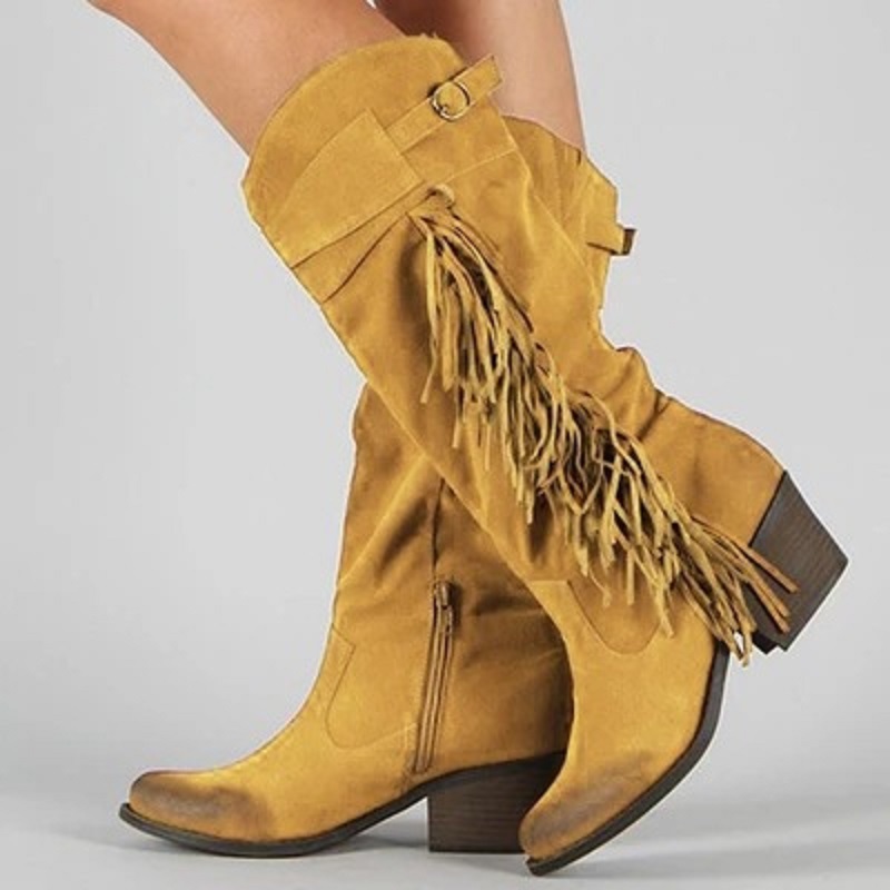 

Women shoes tassel knee high boots autumn winter chunky heels vintage boots ladies punk western riding botas mujer, Black