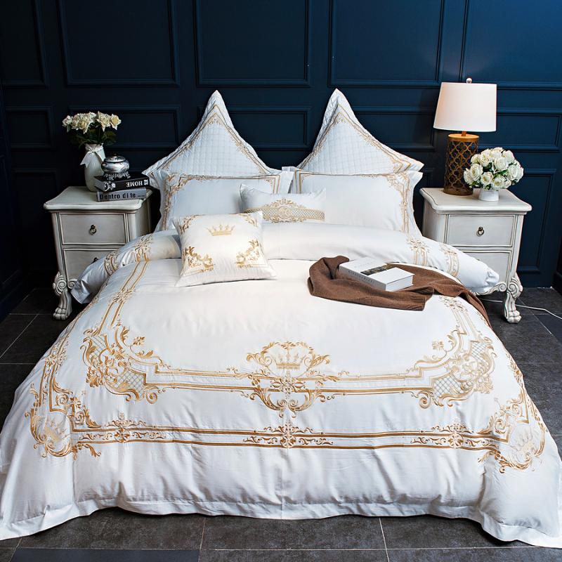 

Luxury 120S Egyptian cotton Embroidered Bedding set Queen King Royal White Duvet cover Bed sheet set Pillowcase 4/6pcs, Color 5
