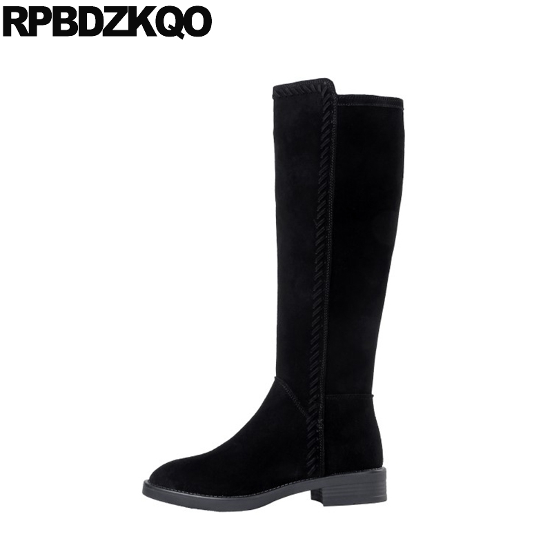 

genuine leather handmade women suede knee high tall side zip boots big brand winter black shoes chunky wide calf long round toe, Black suede
