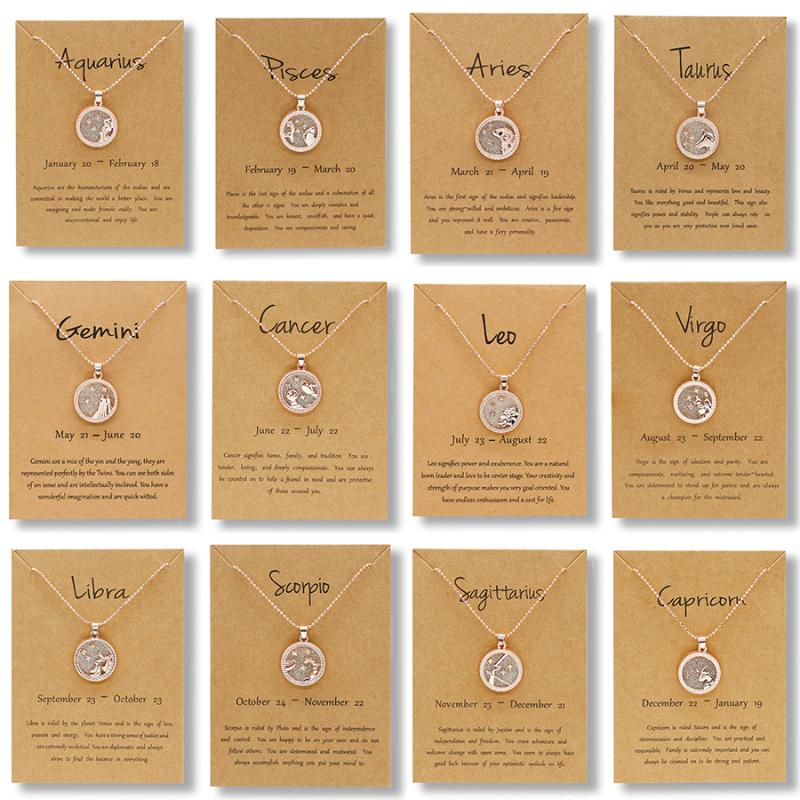

12 Zodiac Sign Constellation Pendant Necklace Women Rose Gold Chain Jewelry Fashion Birthday Gift Round Black White Resin Choker