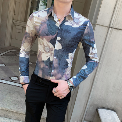 

New Fashion Hot Sale Brand 2020 autumn men's causal high quality printed shirt male slim korea style fit shirt plus size -3XL, Blue