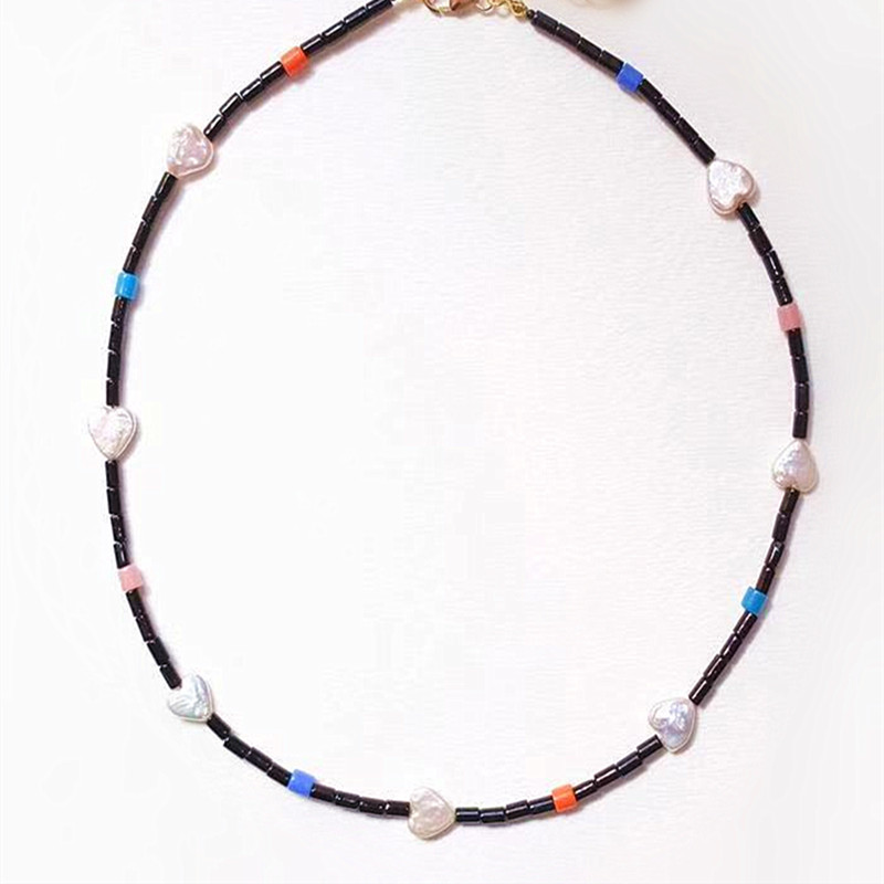 

Bohemian women's necklace black gallstone with natural freshwater peach heart pearl necklace perfect match fashion jewelry 2020