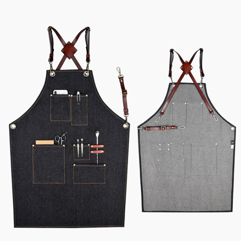 

Black Denim Apron Cowhide Leather Strap Barber Hairdresser Florist Manicure Work Wear Barista Bartender Pastry Chef Uniform E44