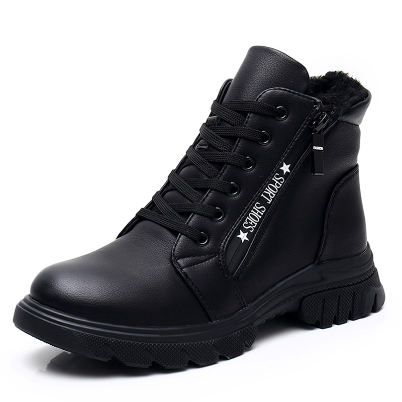 

EIE Fashion Ladies Snow Ankle Boots Women Leather Shoes For Winter Thick Fur Low Heels Motorcycle Black Ladies Waterproof Boots, M0627-black