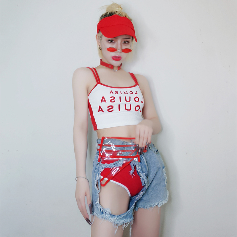 

New Bar DS Performance Costumes Singer Nightclub Clothes Gogo Letter Sling Tops Hip Hop Jazz Dance Hole Denim Shorts Suit DT2691, As picture pants