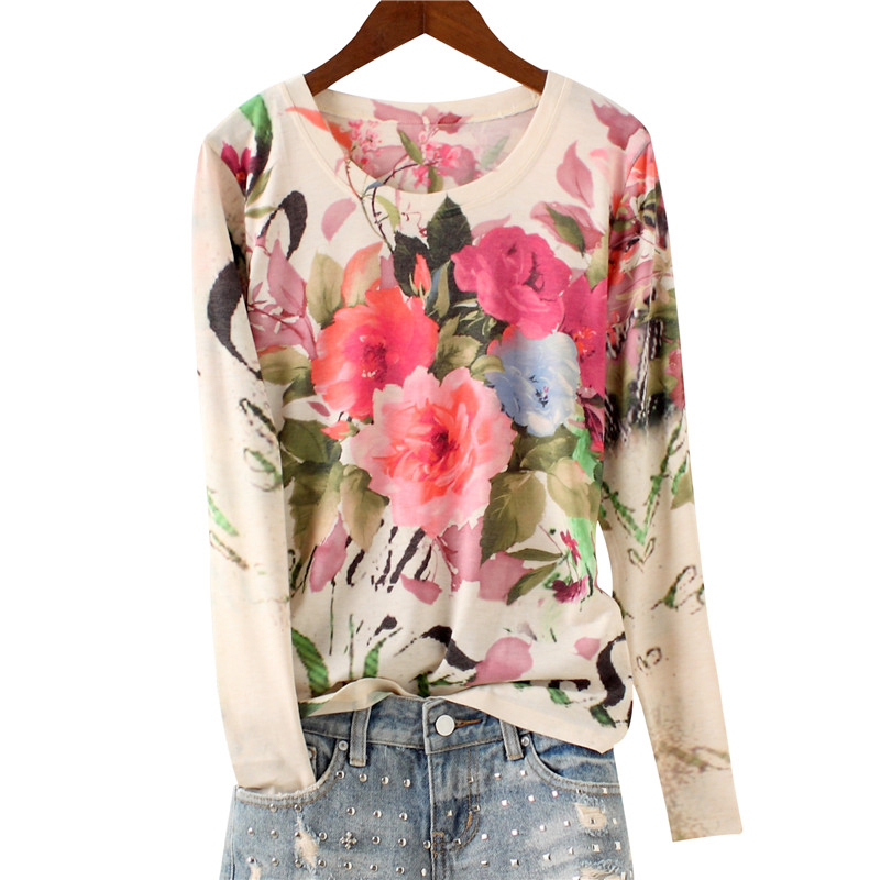 

Fashion peony printed t shirt women 4XL 2020 spring tshirt slim long sleeve tops o-neck graphic tees basic tee shirt femme