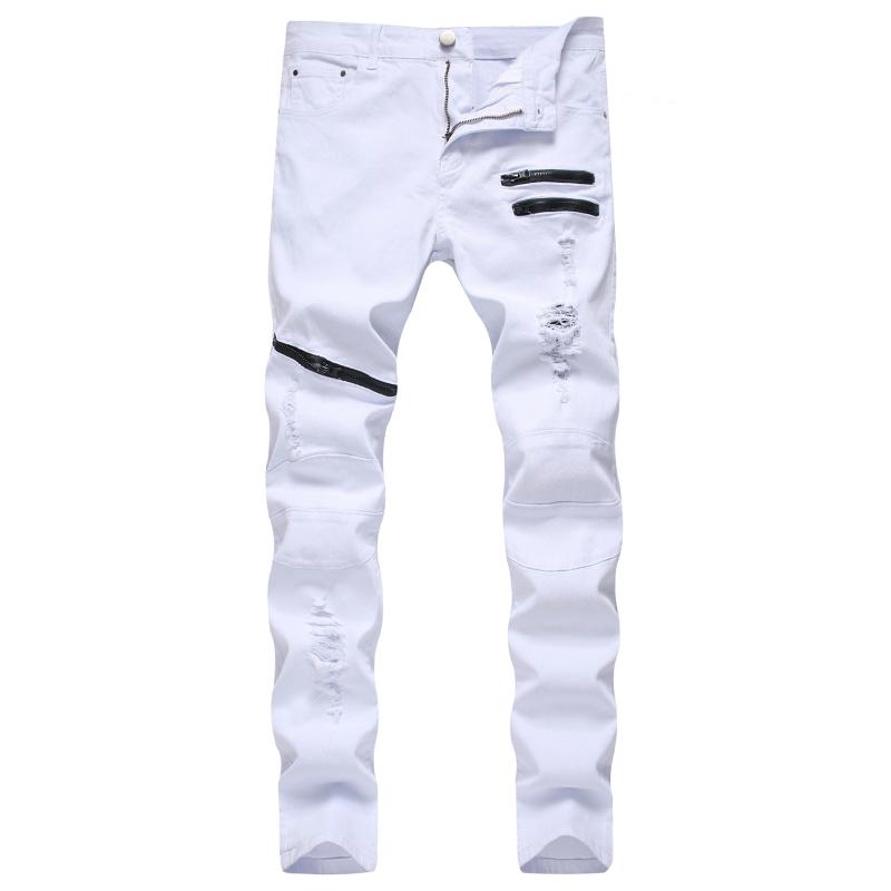 

2020 New Men's Zip Casual Jeans Youth Ripped Zip Slim Straight White Jeans, Black