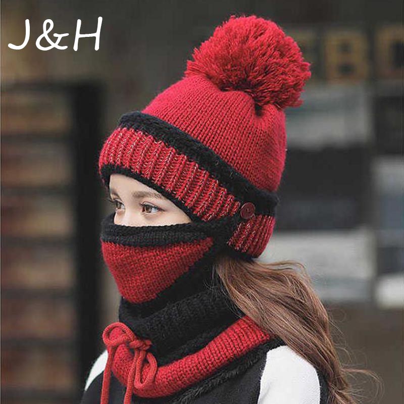

Fashion Winter Ski Warm Beanie Hat Scarf And Mask Set Gorras Bonnet Baggy Knitted Hats For Women Girls Cap Gift, Blue