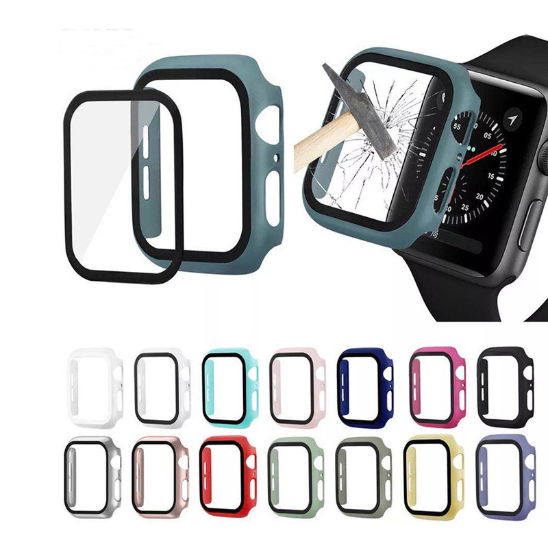 

22 Colors Full Coverage Watch Case 3D Glass Screen Protector for Apple Watch Series 1 2 3 4 5 6 SE Cases for Iwatch 38 40 42 44mm Cover, Mixed colors