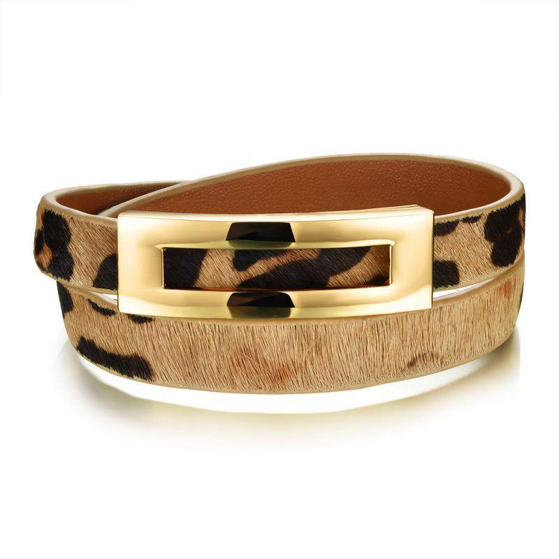 

Hemiston Natural Horse Hair Bracelet Double Layer Surrounding Adjustable Leather Bracelet with Retro Leopard Pattern