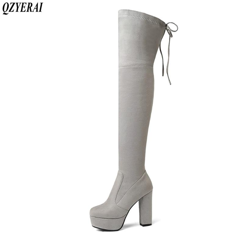 

QZYERAI New round head comfortable female boots tight elastic over knee shoes European standing bootsquality qualified size34-43, Gray