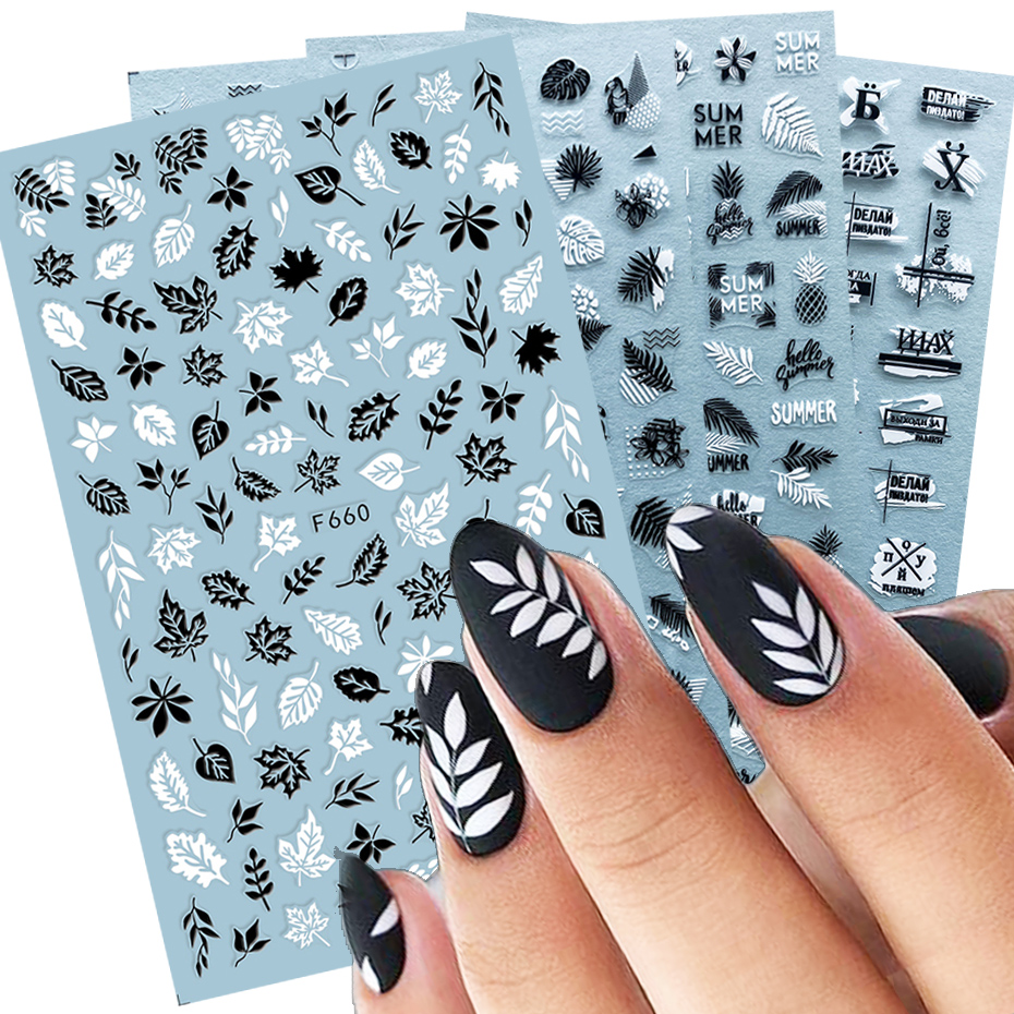 

Mix White Black 3D Nail Decals Nail Art Stickers Adhesive Gold Leaf Letters Sliders Wraps Summer Design Decorations, 1sheet