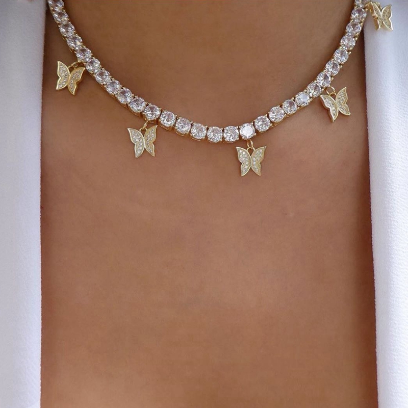 

Luxury butterfly Tennis Chain choker Necklace Round Cubic zirconia Gold color sparking bling hip hop CZ charm women jewelry 2020