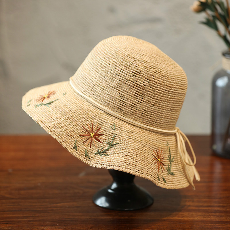 

Bucket Hat Women Raffia Embroidery Beach Hat Straw Summer Wide Brim Visors Female Dress Beach Sun Shade Korean Women, Black