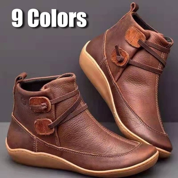 

2020 Winter Women Ankle Boots Retro Punk PU Leather Plush Snow Boots Casual Strap Slip-On Waterproof Flat Shoes Short Booties, Grey 2