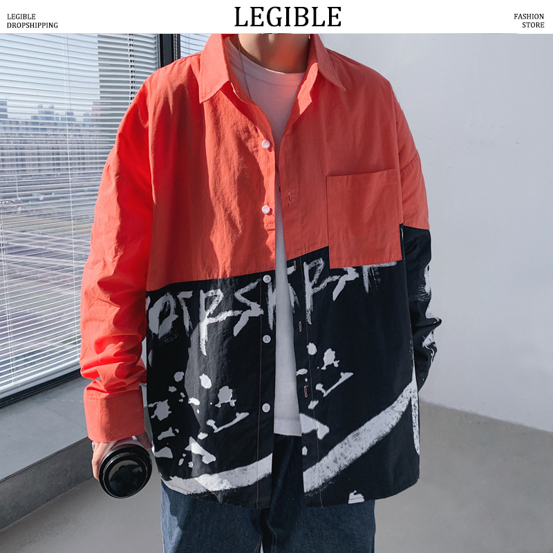 

LEGIBLE 2020 Spring Autumn Japanese Mens Long Sleeve Shirt Men's Loose Patchwork Color Casual Korea Shirt Male Fashion Shirts, Gray