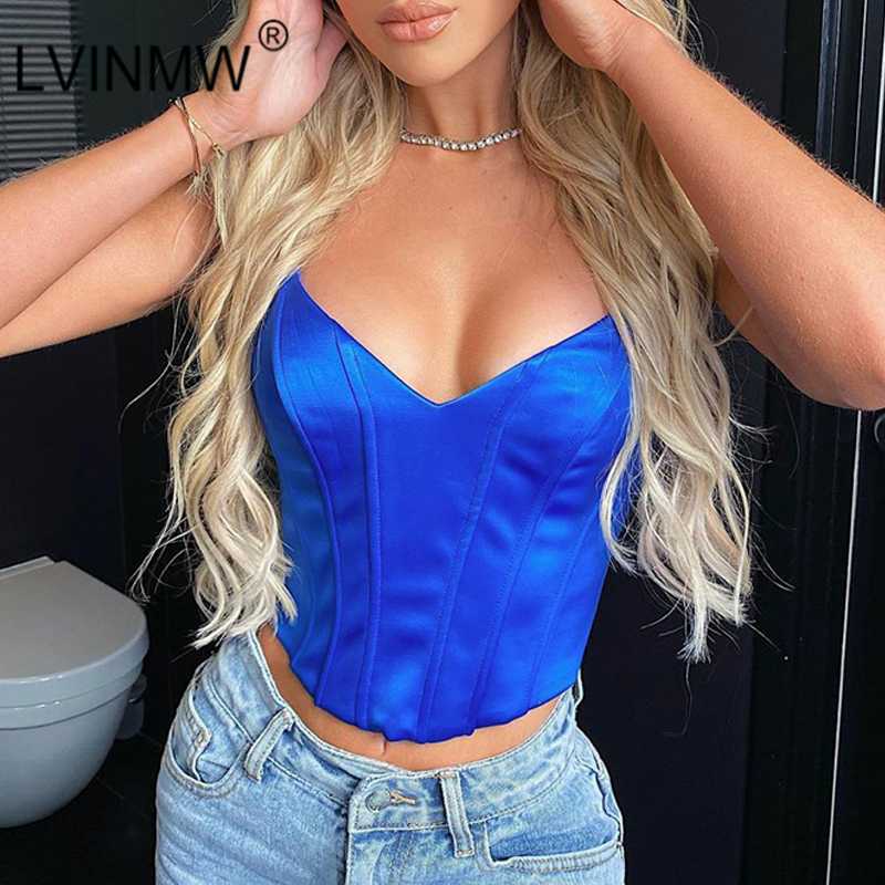 

LVINMW Sexy Spaghetti Straps Back Drawstrings V Neck Backless Blue Crop Top 2020 Summer Women Fashion Chic Female Bralette Club, Black