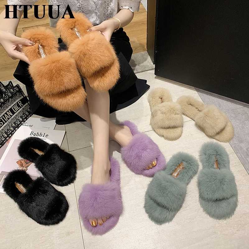 

HTUUA 2020 New Fall Winter Slippers Women Soft Warm Plush Fluffy Faux Fur Slides Female Flat Flip Flops Indoor Home Shoes SX4217, Black b