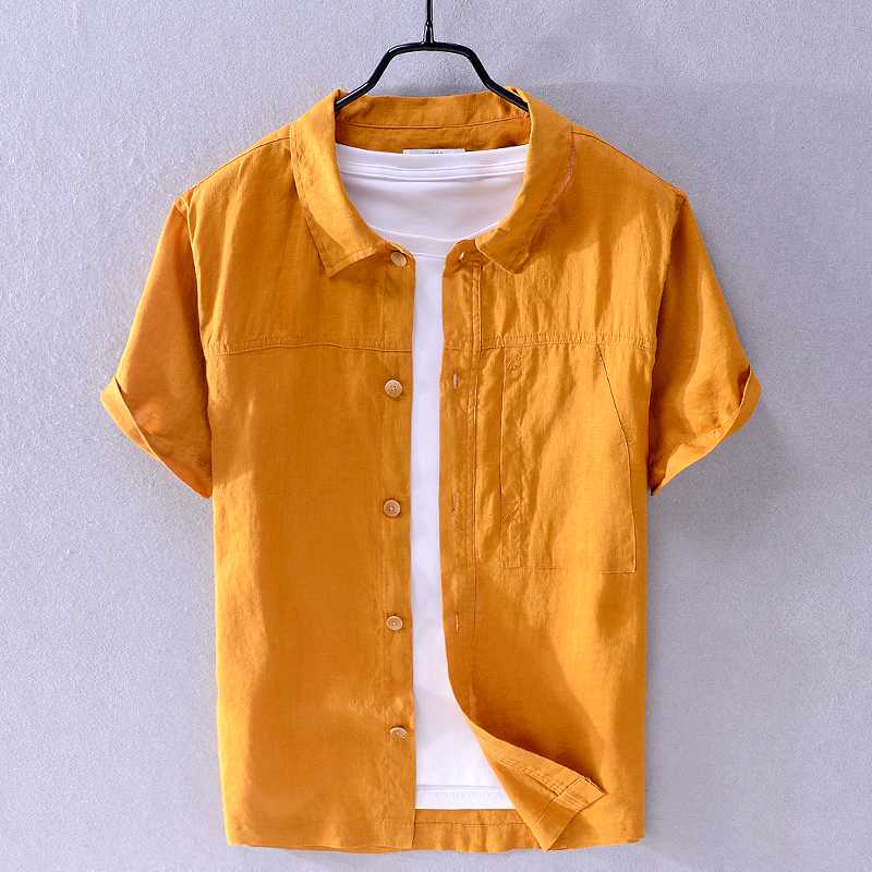 

100% Linen new design summer shirt men brand causal yellow shirt mens solid breathable shirts male fashion chemise camisa, White