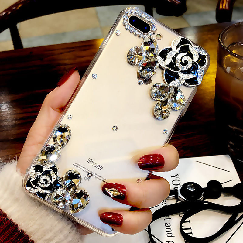 

Fashion luxury designer rhinestone diamond crystal camellia flower transparent case for iphone 11 pro max x xr xs max 6 7 8 plus case, White