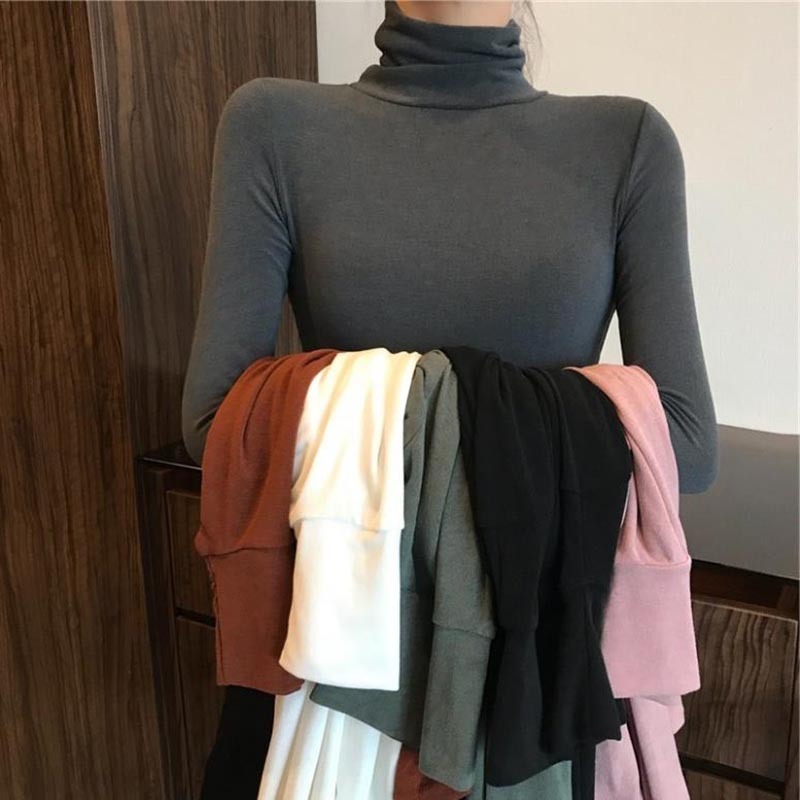 

The new autumn and winter piles in piles with plus velvet high-neck bottoming shirt, women's versatile slim fashion long sleeves, White