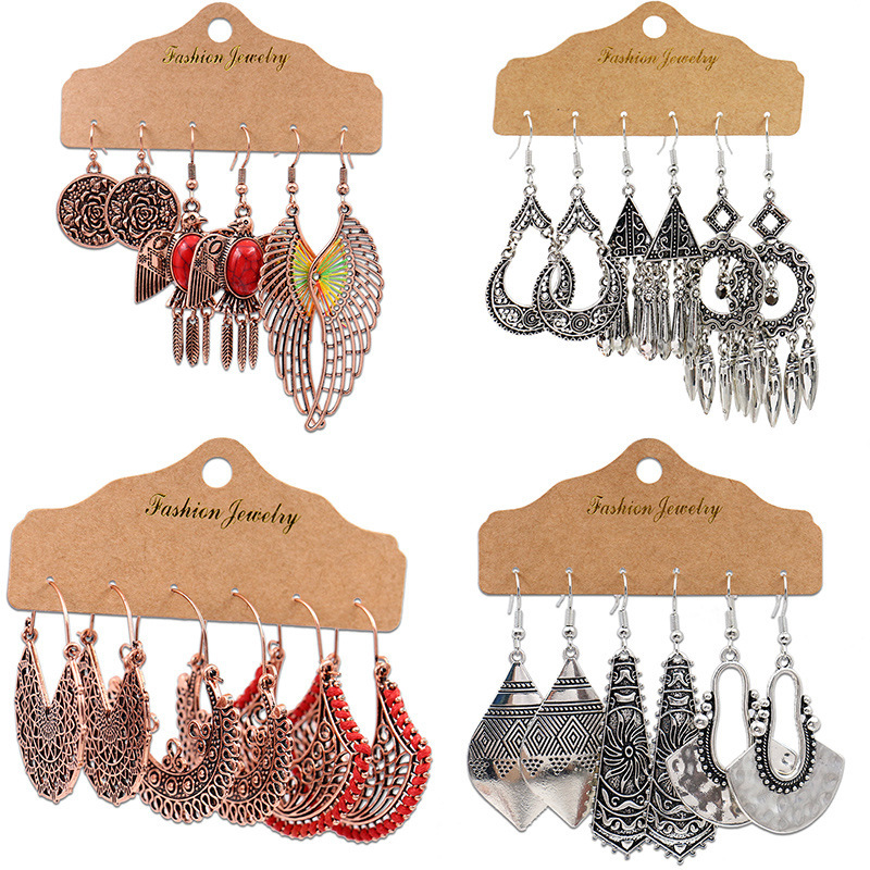 

Dangle & Chandelier 3 Pairs/set Vintage Earrings Set Bohemian Ethnic Retro Antique Copper Alloy Hollow Geometric For Women