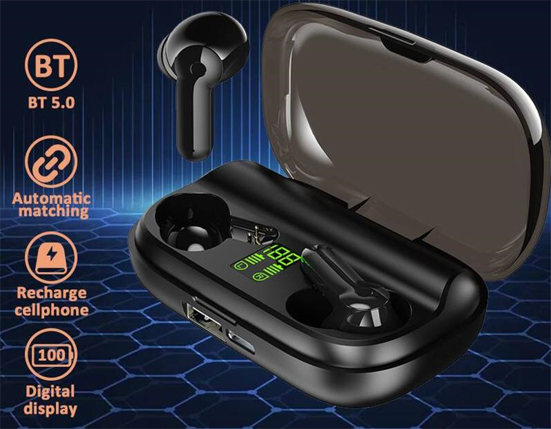 

TWS Noise Cancel Bluetooth 5.0 Wireless Earphones Headphones Earbuds Touch Control Sport Waterproof Headset Earphone With Power Bank, Black