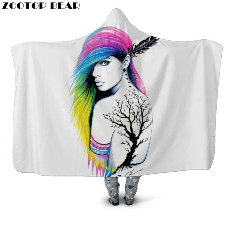 

Fashion Warm Throw Hooded Blanket 3D Print Animal Plush Fleece Boho White Wearable Microfiber Casual Bedding Soft Office Adults
