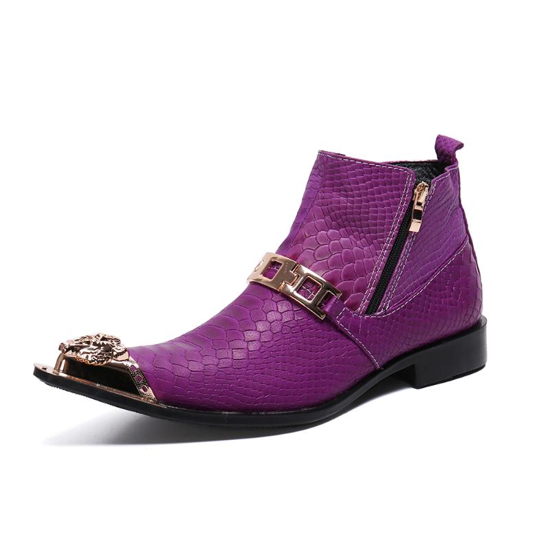 

man boots shoes purple ankle boots Metal toe for men pointy leather metal chain decoration ankle Black fashion