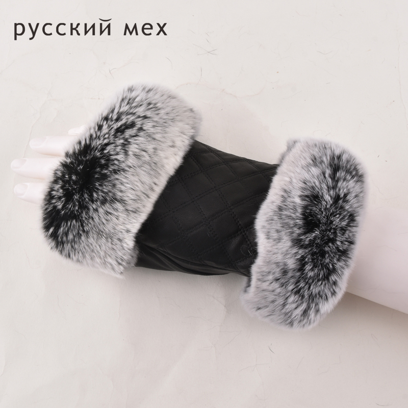 

Ladies genuine leather gloves winter fashion real rex fur sheepskin half finger gloves