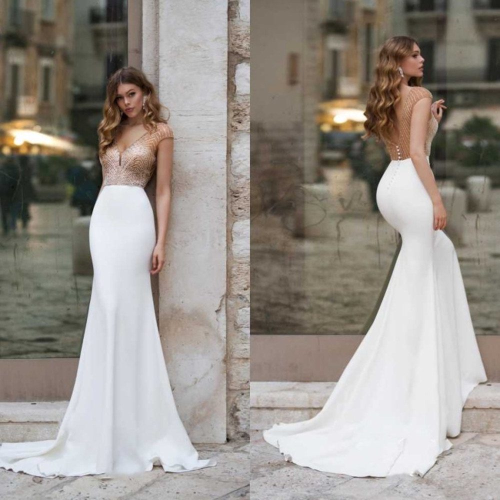 

Naviblue 2021 Wedding Dresses V Neck Capped Sleeves Lace Beads Bridal Gowns Custom Made Backless Sweep Train Mermaid Wedding Dress, Champagne