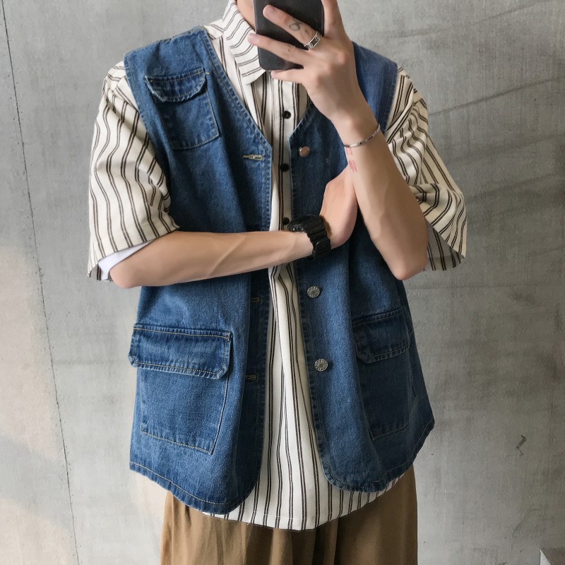 

2020 Men's Loose Blue Color Vest Denim Jacket Coats Work Clothes Cowboy Vest Sleeveless Waistcoat Outerwear Plus Size -2XL